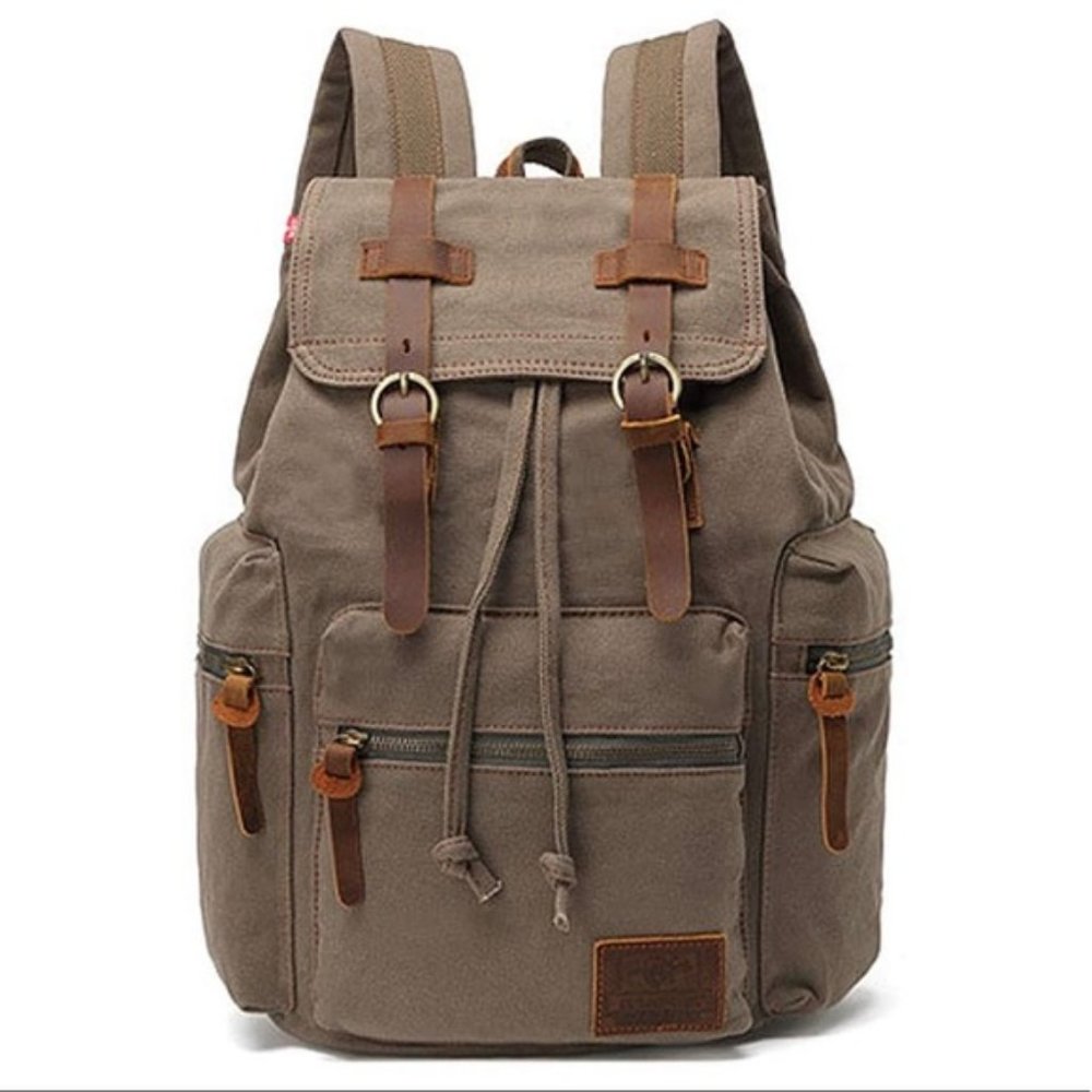 Canvas Drawstring Flap Backpack in Taupe with Leather Accents